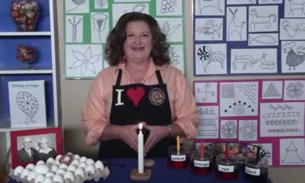 Joan Brander in her pysanky studio at babasbeeswax.com